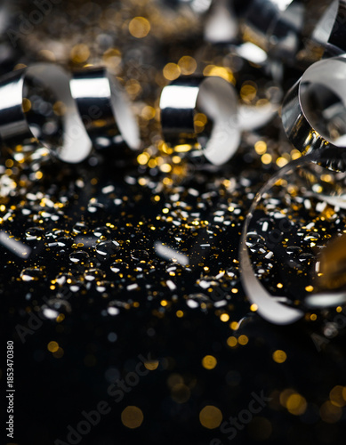 Shiny Silver Confetti and Streamers on Black Background Macro Close-Up
