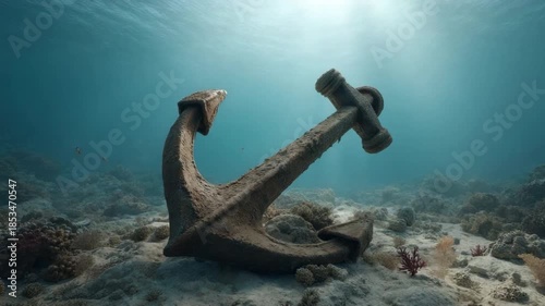 Underwater Scene Featuring a Rusty Anchor Surrounded by Coral in Deep Blue Ocean Waters, Capturing Marine Life Essence 4k video footage