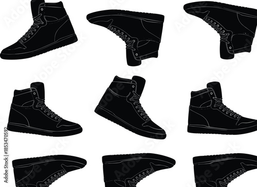 Vector Illustration Set of Black High Top Sneaker Silhouettes, Featuring Various Athletic Shoe Poses and Basketball Footwear Outlines for Fashion Design Concepts,