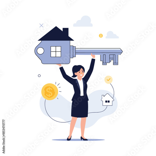 Happy businesswoman holding a giant house-shaped key, symbolizing successful real estate investment or home ownership achievement.