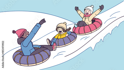 Three joyful friends experiencing a thrilling winter snow tubing adventure