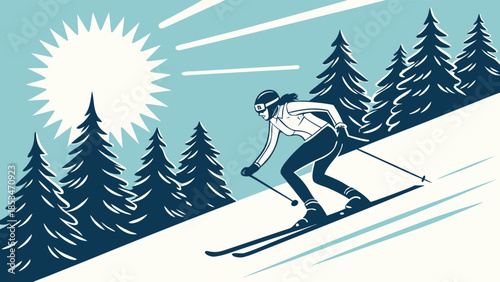 A lone skier enjoys a sunny winter day descending the snowy mountain