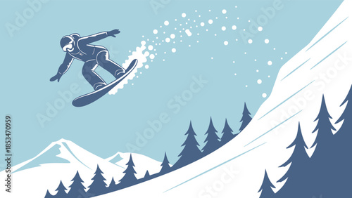 Awesome Snowboarding Stunt With Snow Spray Against a Winter Mountain Backdrop