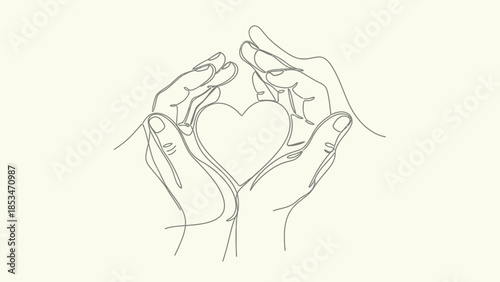 A minimalist line drawing of two hands gently cupping a heart shape, symbolizing care and love.