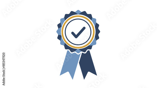 A blue and gold ribbon award with a checkmark inside a circle, signifying approval or achievement.