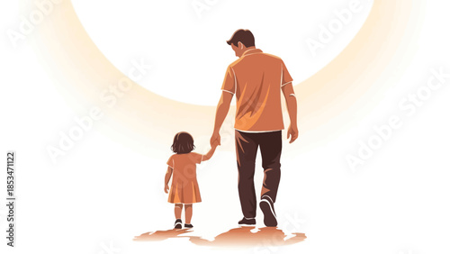 A father and his young daughter walk hand-in-hand towards a bright, glowing sun, symbolizing hope and a shared future.