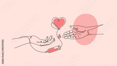 Illustration of a heart-shaped blood bag being donated from one hand to another, symbolizing blood donation.