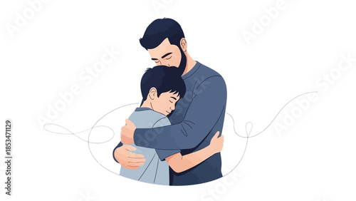 A father tenderly embraces his young son, offering comfort and support in a heartwarming moment of connection.