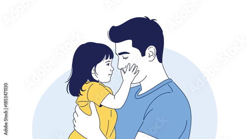 A loving father holds his young daughter tenderly, their faces close together in a warm embrace.