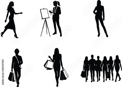 Human activity icons, walking silhouette, shopping pose, confident stance, presentation figure, black illustration, lifestyle emblem, fashion concept, social symbol