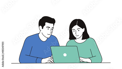 A man and a woman collaborating on a laptop computer, looking at the screen together.