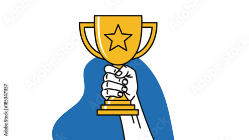 A hand triumphantly raises a golden trophy with a star on it, symbolizing victory and achievement.