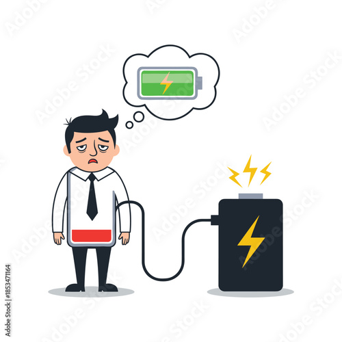 A burnt-out professional with depleted energy levels dreams of being fully charged and actively recharges from a power bank.