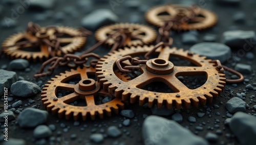 Rusty gears on dark rocks