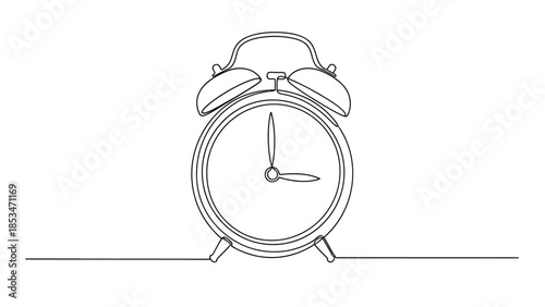 A minimalist line drawing of a classic twin-bell alarm clock with its hands indicating a specific time.