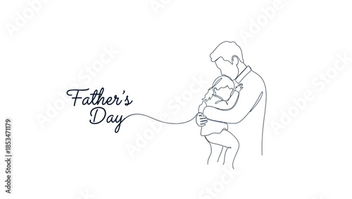 A minimalist line drawing depicts a father holding his child tenderly on Father's Day.
