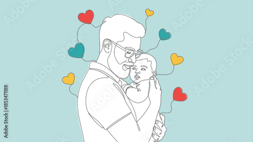 A father lovingly holds his baby, surrounded by colorful hearts symbolizing love and connection.