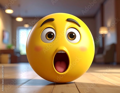 Cartoon-style emoji ball with a shocked expression in a warm home