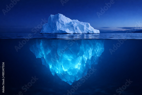 Serene iceberg floating in the deep blue ocean at night showing the glowing frozen structure hidden beneath the dark water surface in a split view