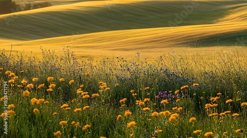 Golden field of wildflowers under soft sunlight with rolling hills