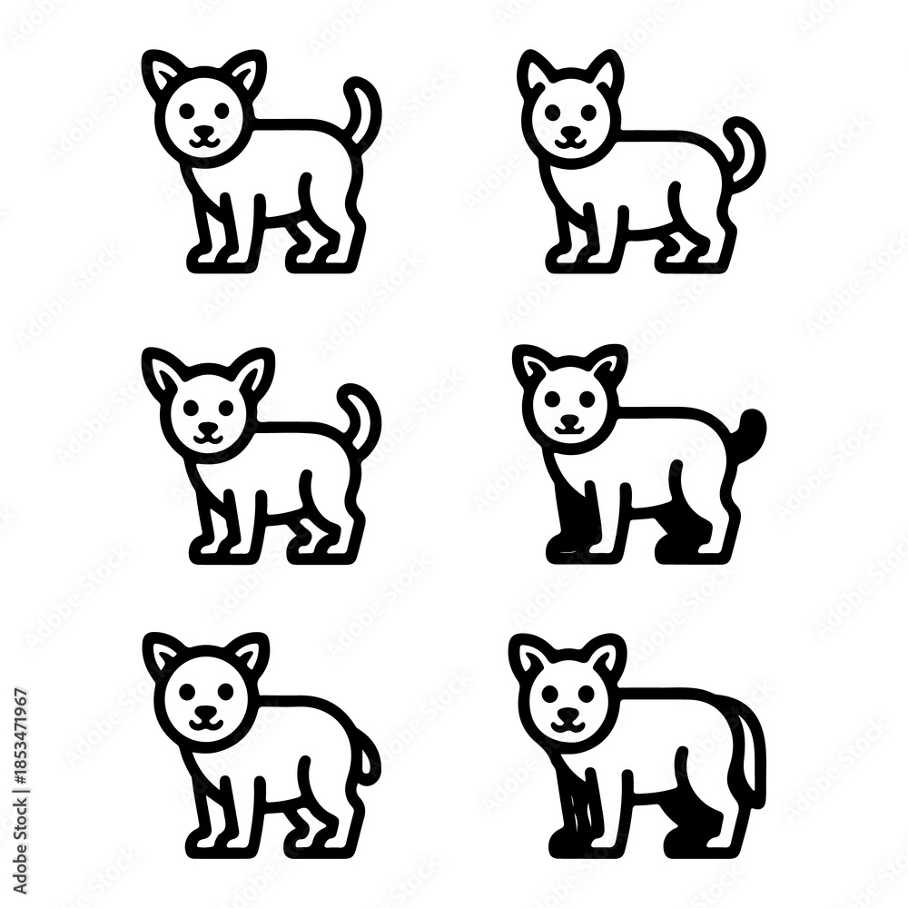 Fototapeta premium Set of six charming dog line art icons in minimalist black and white style illustrating various standing puppy figures perfect for pet related graphic design and children's projects