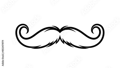 A stylized black and white illustration of a handlebar mustache with curled ends and a bushy center.