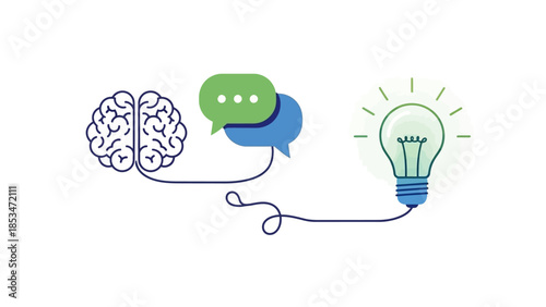 Illustration of a brain connected to speech bubbles and a light bulb, symbolizing ideas and communication.