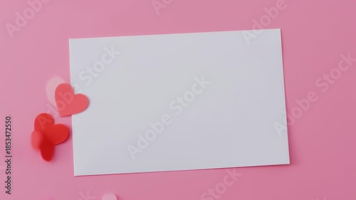 Floating Heart Confetti Animation with Blank Card on Pink Backdrop for Celebrations
