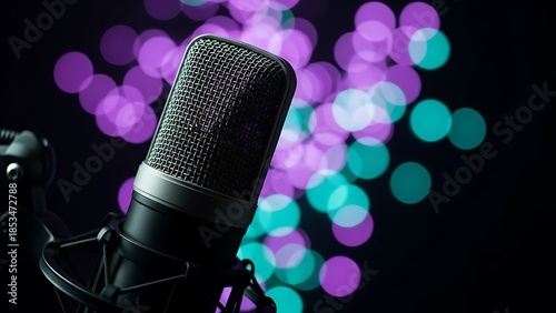 Close-up of a studio microphone with bokeh background, perfect for podcasting and audio recording