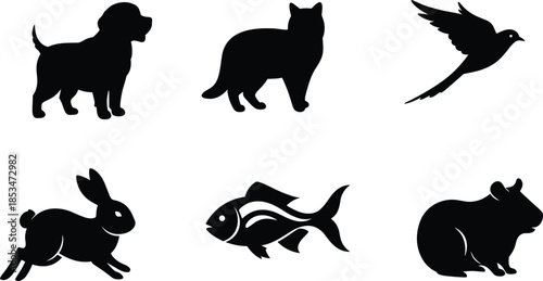 Pet silhouette icons, dog and cat, bird in flight, rabbit leap, fish swim, guinea pig, black illustration, animal design