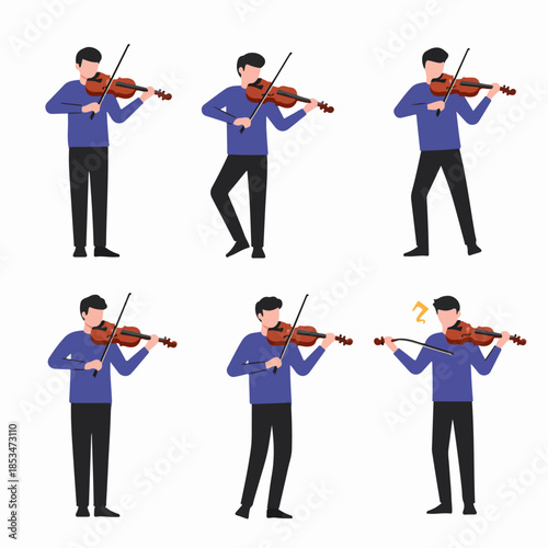 Flat Vector Set of a Male Musician Playing Violin in Six Different Poses, Isolated on White Background.