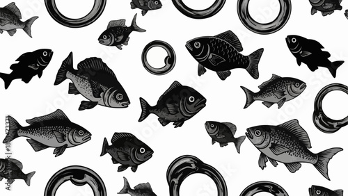 Black and white illustration of various fish swimming.