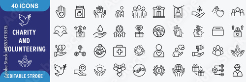 Charity and Volunteering icon set. Full Outline Icon Collection. Editable stroke. Vector illustration