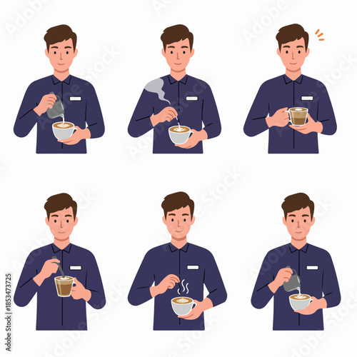 A young male barista demonstrates the step-by-step process of preparing and serving a perfect hot coffee drink, including frothing and latte art.