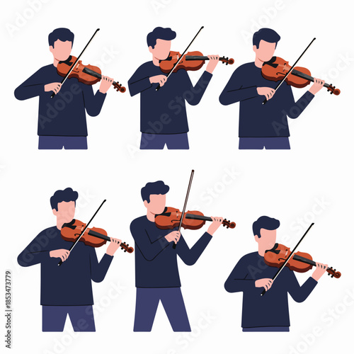 Six poses illustrating a male musician skillfully playing a classical violin, showcasing various playing techniques, isolated vector art on white.