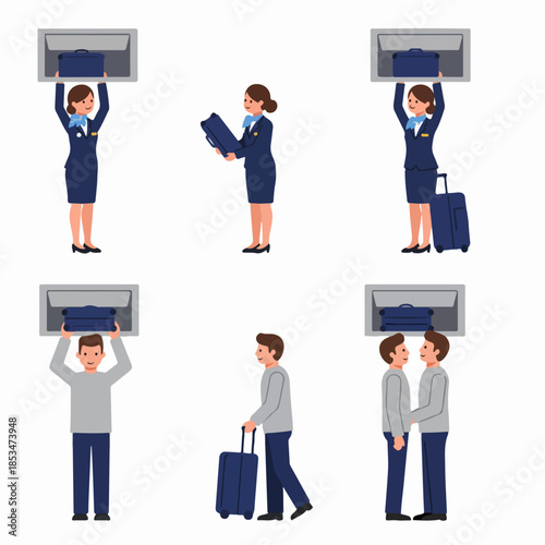 Air travel luggage handling illustration set, featuring flight attendants and passengers interacting with overhead bins and carry-on bags.