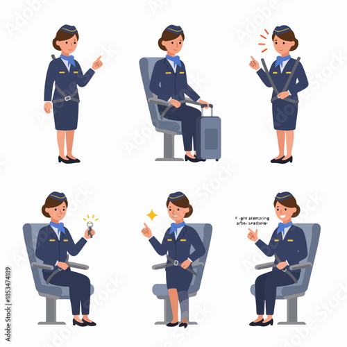 Vector set of female flight attendant characters performing various duties, illustrating safety procedures, service, and air travel concepts.