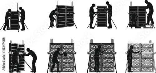 Formwork assembly, construction teamwork, panel installation, concrete setup, ladder use, alignment check, modular system, silhouette workers, fastening tools, structural precision