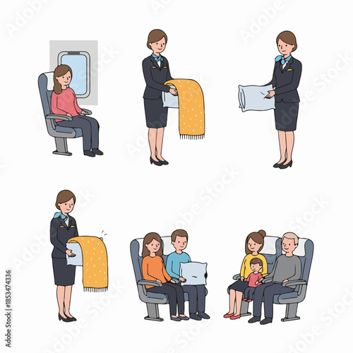 Air travel service illustration set showing passengers seated and flight attendants offering blankets and pillows for comfort.