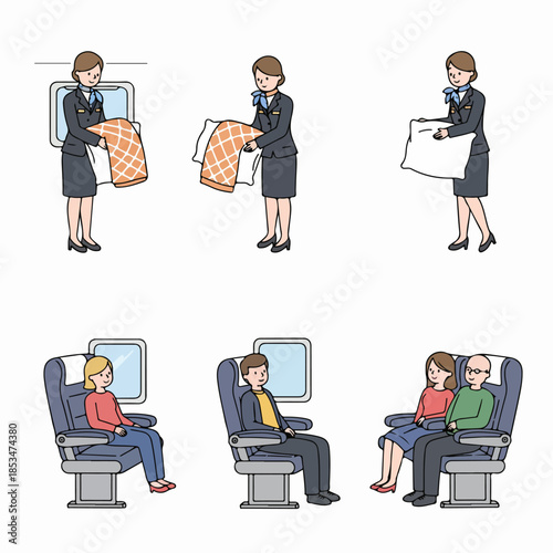 Flight attendant offering blankets and pillows to passengers seated on an airplane, illustrating comfortable air travel service and hospitality.
