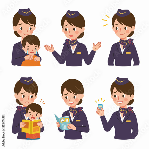 Flight Attendant Service Vector Set: Cabin crew member in different poses, including customer interaction, comforting a child, communication, and professional duties.