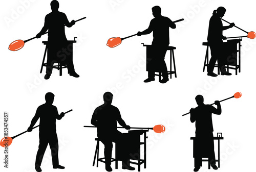 Glassblowing silhouettes, artisan craft, molten glass shaping, traditional technique, glowing furnace, skilled workers, handmade glass art, creative process, industrial artistry, teamwork