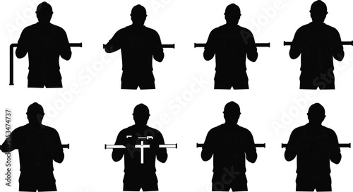 Hand tool operation silhouettes, mechanical work posture, wrench and screwdriver use, black figures, technical task, industrial action, manual labor technique