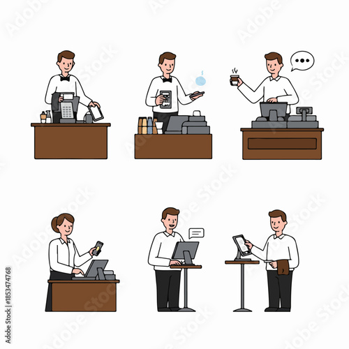 Illustrations of service staff managing operations, payments, and customer service using POS technology.