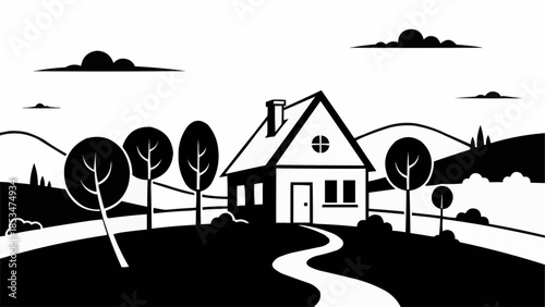 Stylized Black and White House with Trees and Hills.