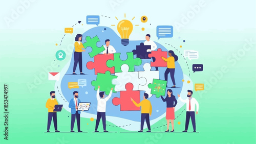 Diverse team collaborating on global puzzle representing teamwork and strategy.