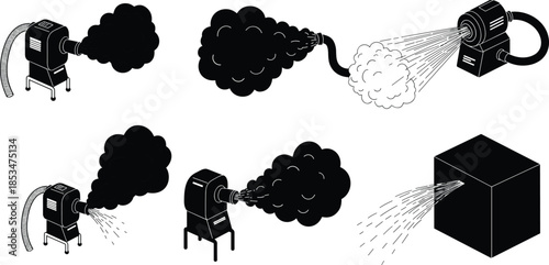 Industrial emission machines, black smoke, white mist, pollution concept, mechanical output, air discharge, factory exhaust, environmental impact, monochrome illustration, hose systems