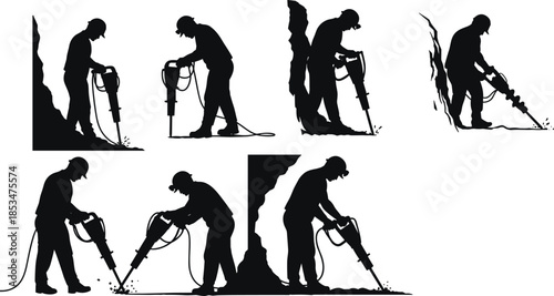 Jackhammer Operation Silhouettes with Helmeted Worker and Power Cable, Black Figures in Demolition Poses, Construction Equipment Use, Surface Breaking Process