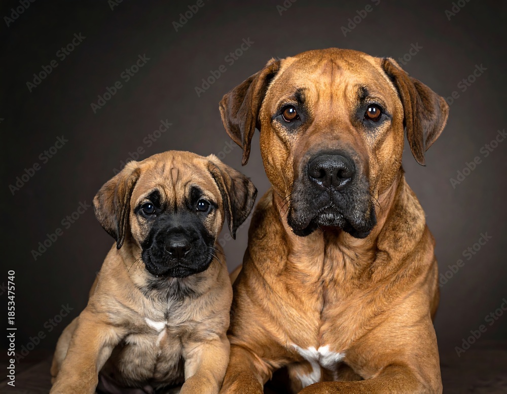 Fototapeta premium Adult and puppy canine duo, brown fur, serious expressions