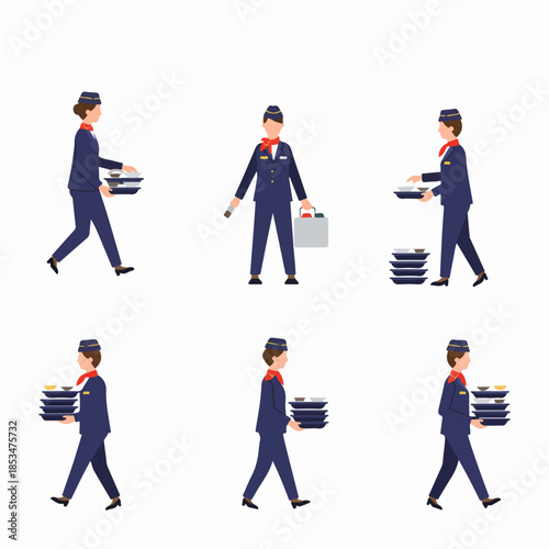 Flat vector illustration set showing female flight attendants in uniform performing service duties, carrying meal trays, and holding equipment, isolated on white.